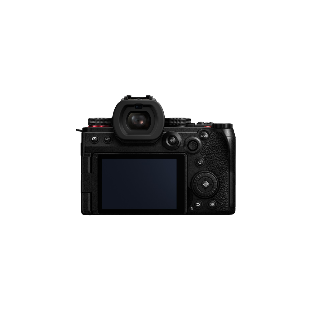 Achterkant van een zwarte digitale camera met zoeker en scherm.