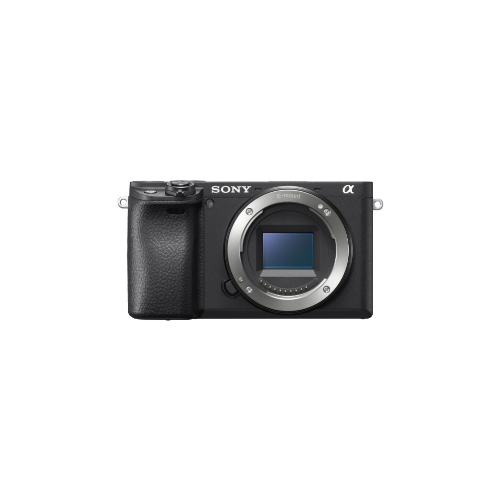 Black Sony Alpha digital camera with E-mount lens system.