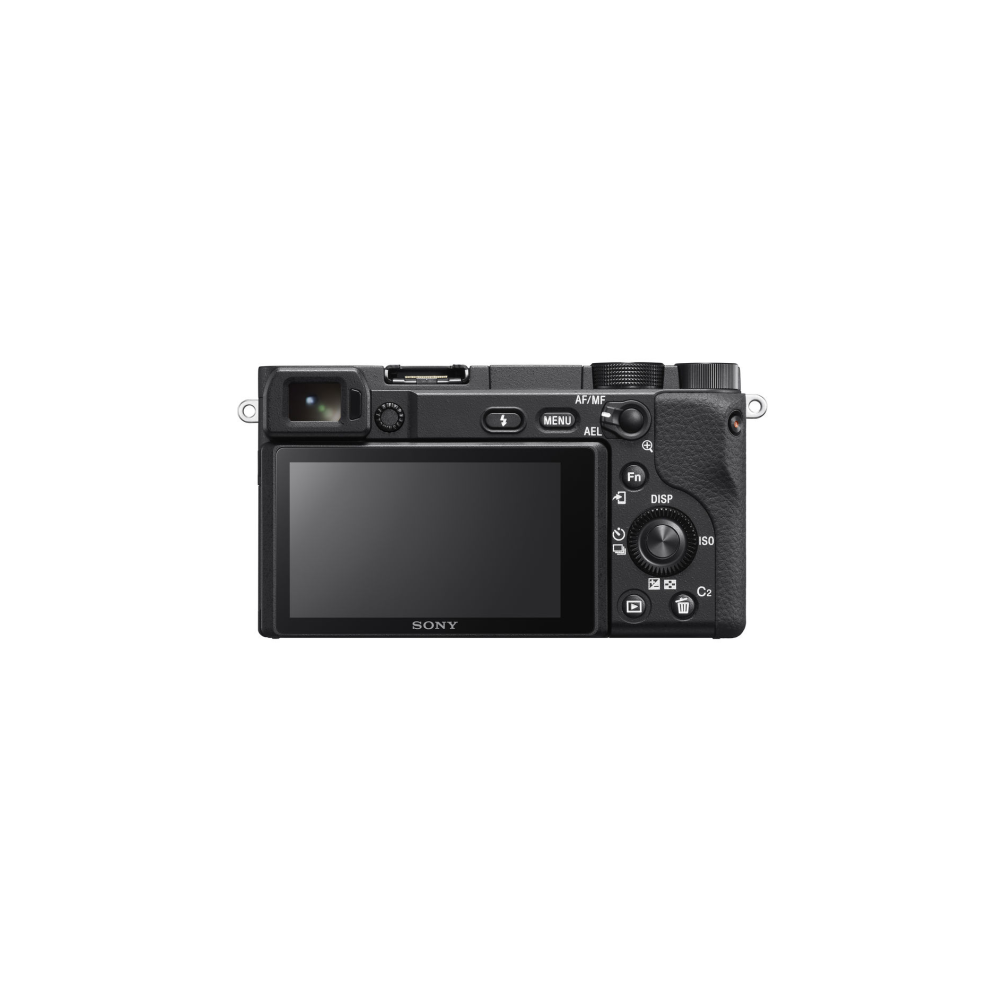 Back view of a black Sony camera with LCD screen and control buttons.