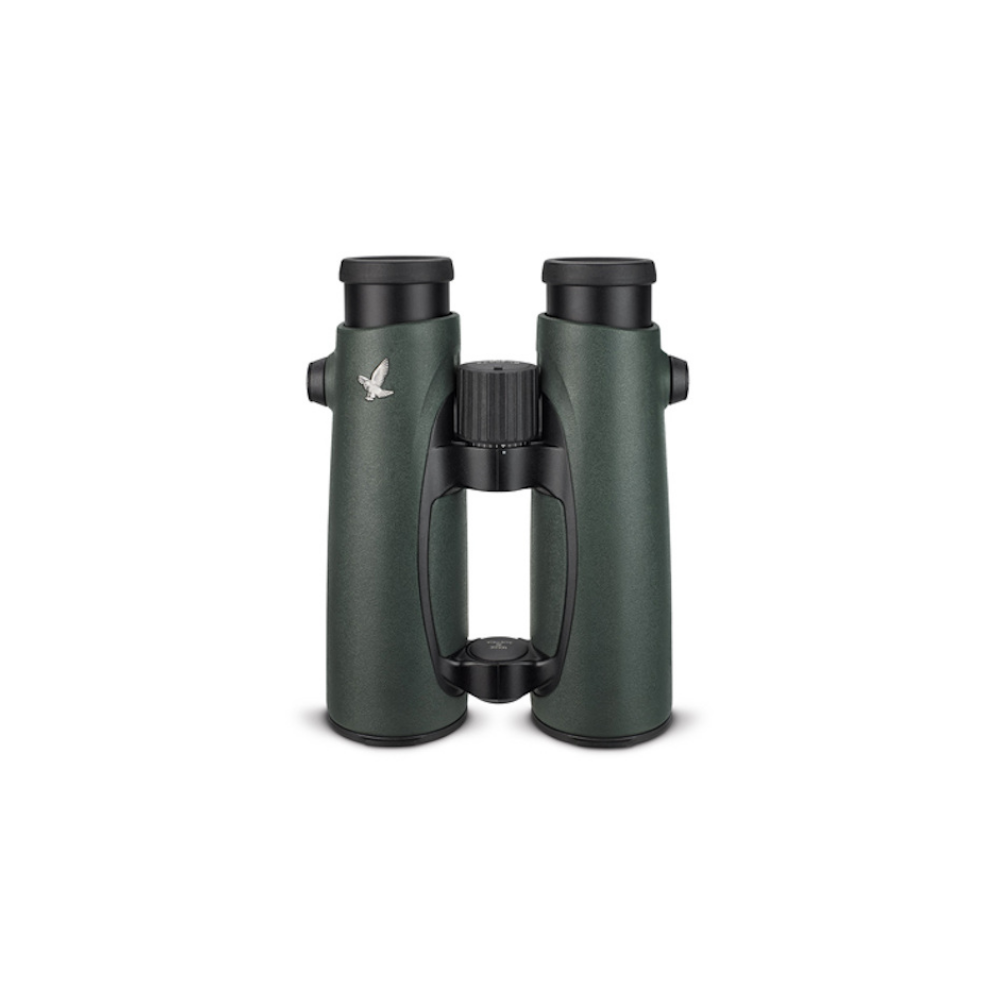 Dark green binoculars with bird logo and focus wheel.