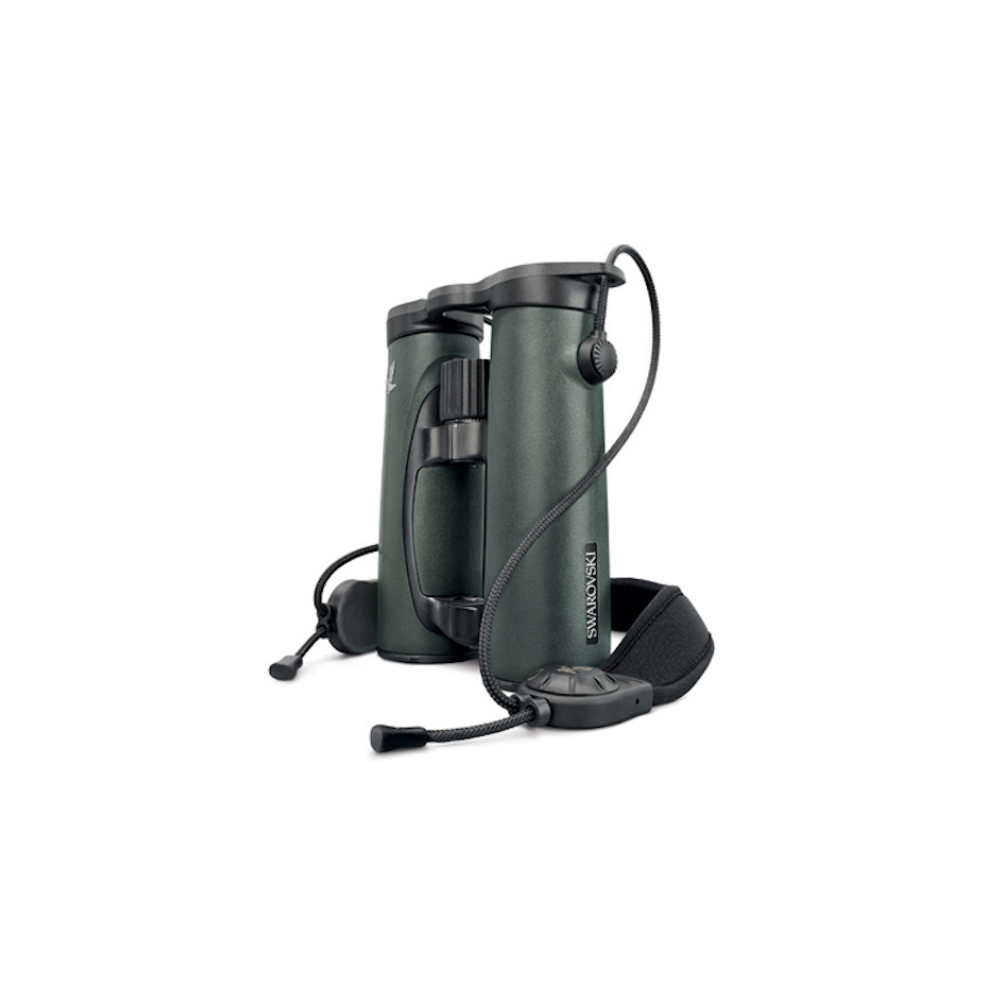 Dark green binoculars with Swarovski logo and strap.