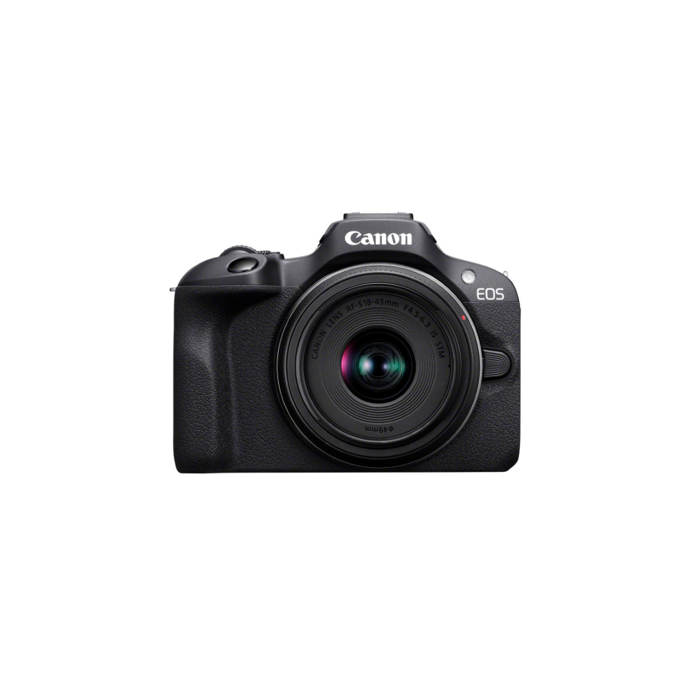 Fotocamera Canon EOS nera con obiettivo. Sfondo bianco.