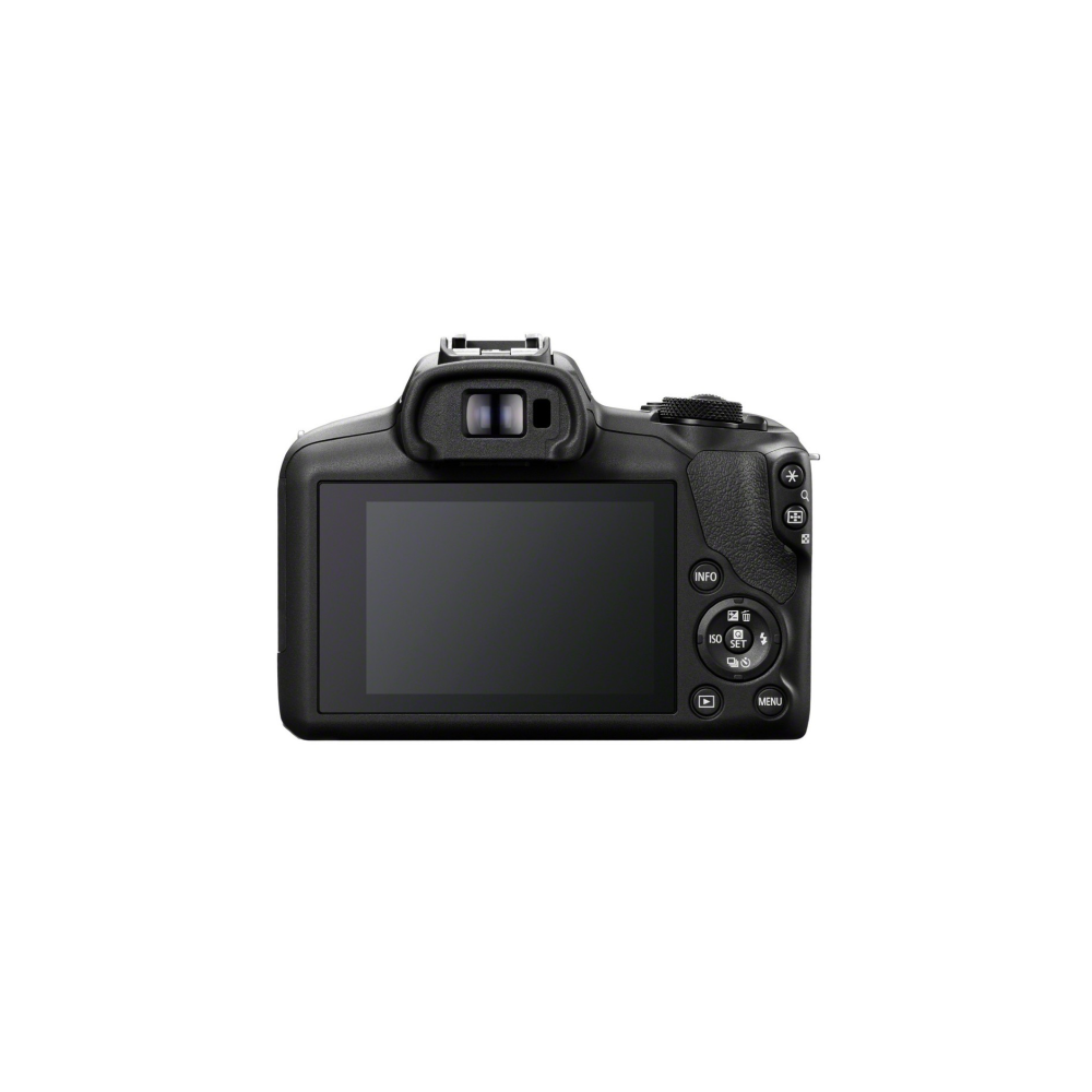 Vista posteriore di una fotocamera digitale nera con schermo LCD e pulsanti di controllo.
