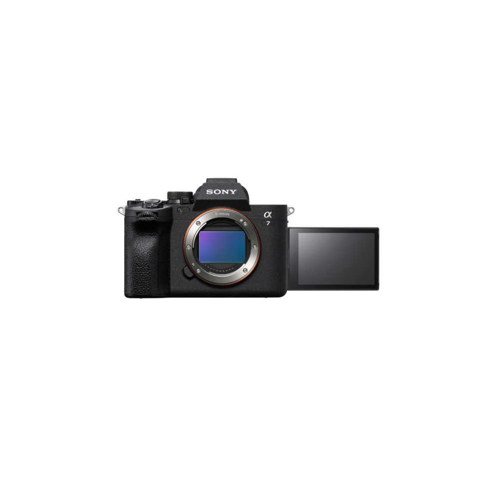 Black Sony Alpha 7 camera with open LCD screen and visible sensor.