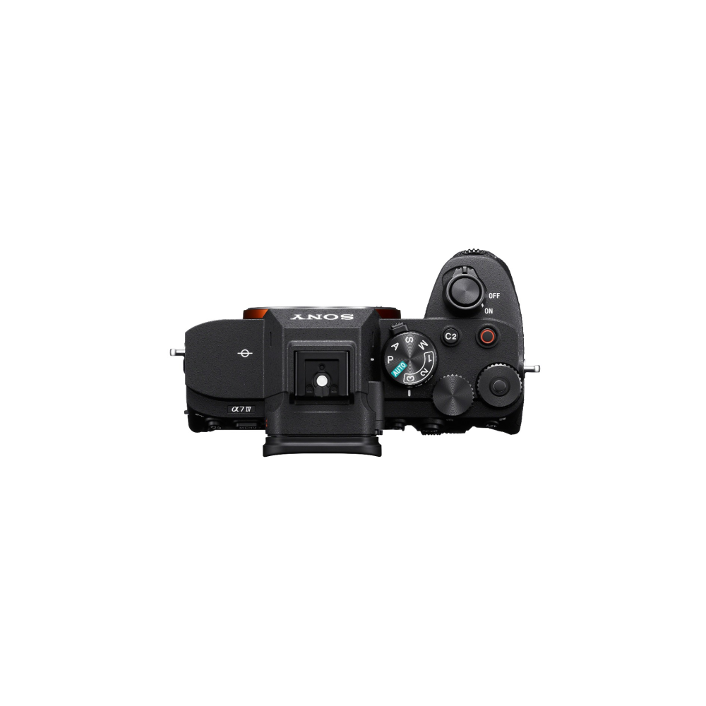 Top view of a black Sony Alpha 7 IV camera with mode dial and buttons.