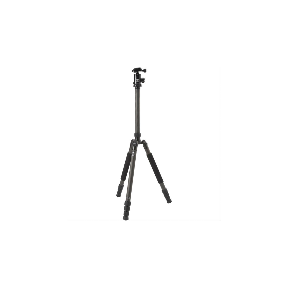 A dark carbon tripod with a black head and padded legs stands on a white background.