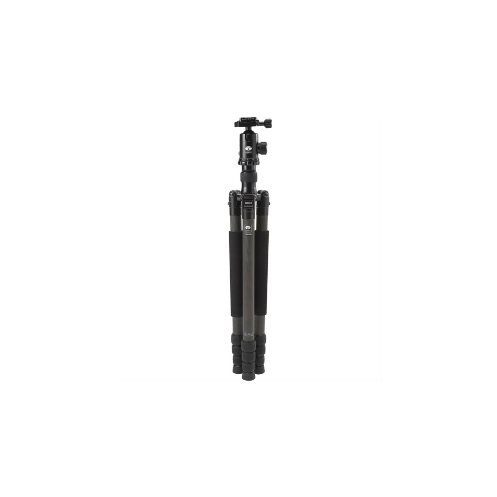 A dark tripod with three legs and a black grip.