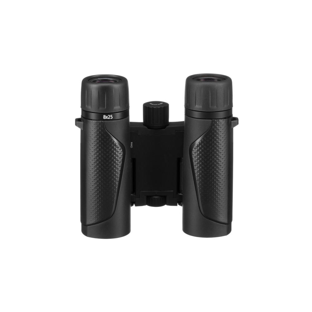 Zwarte 8x25 verrekijker met gekarteld scherpstelwiel en getextureerde grip.