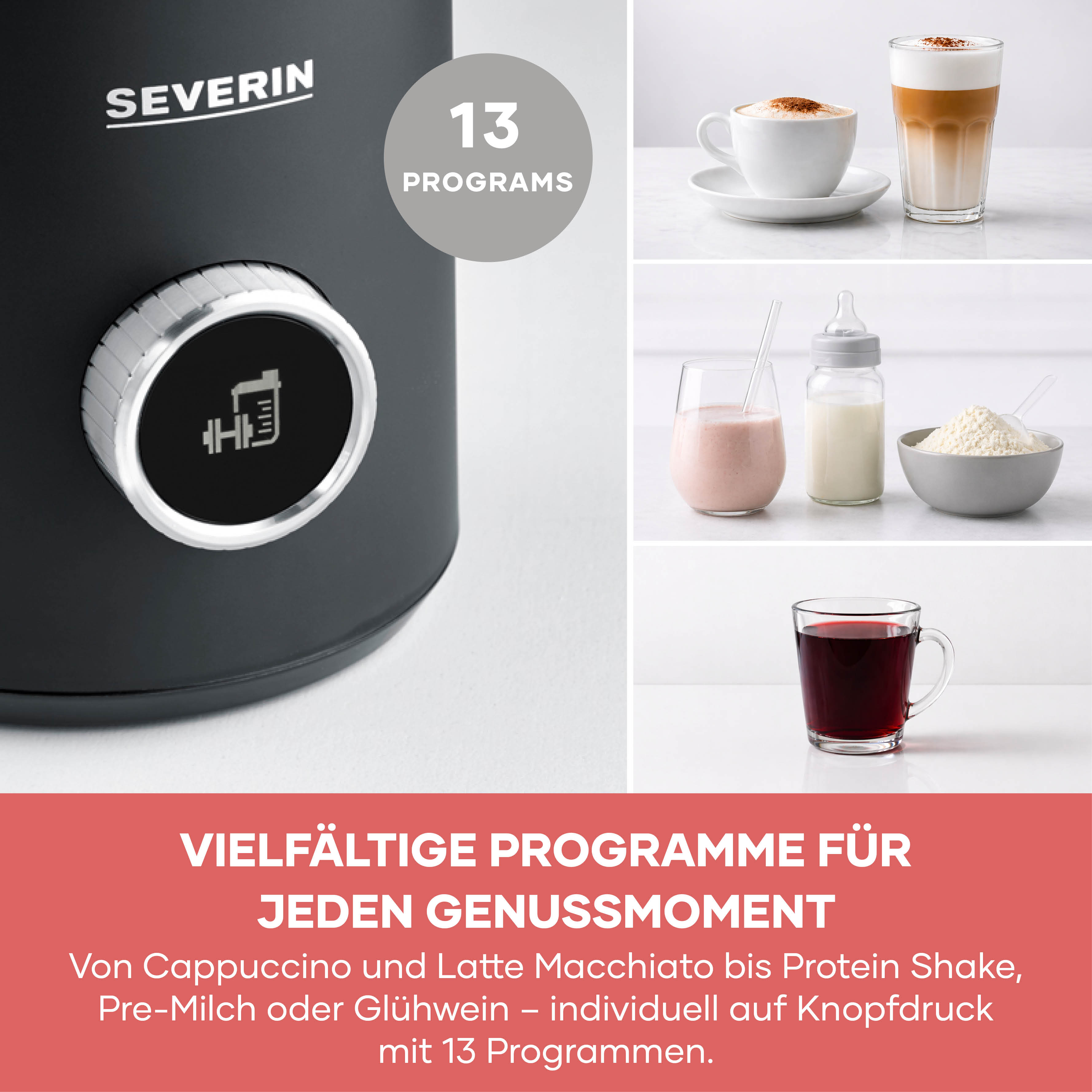 Espumador de leche Severin con 13 programas y bebidas.