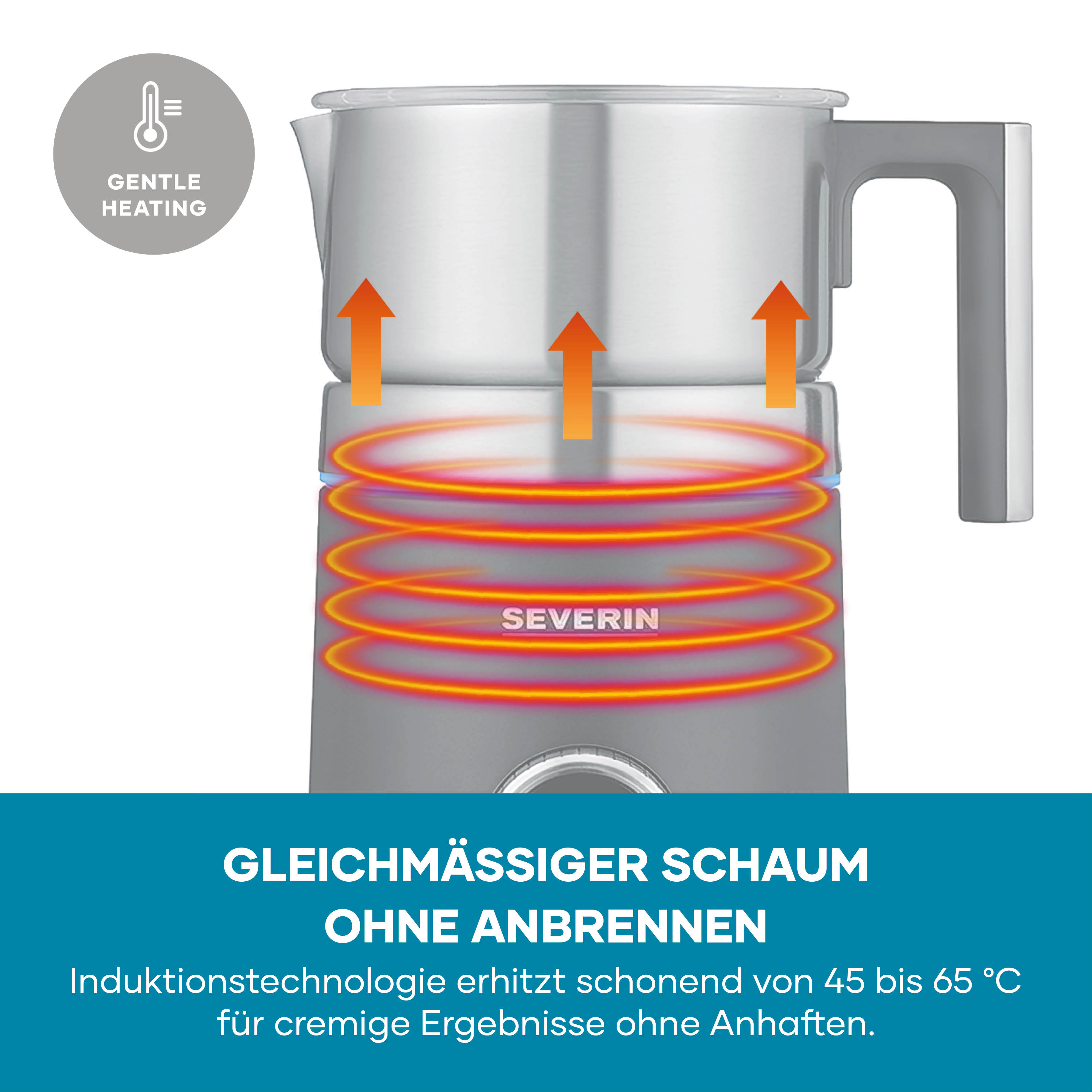 Un espumador de leche plateado con función de calentamiento y logo de inducción.