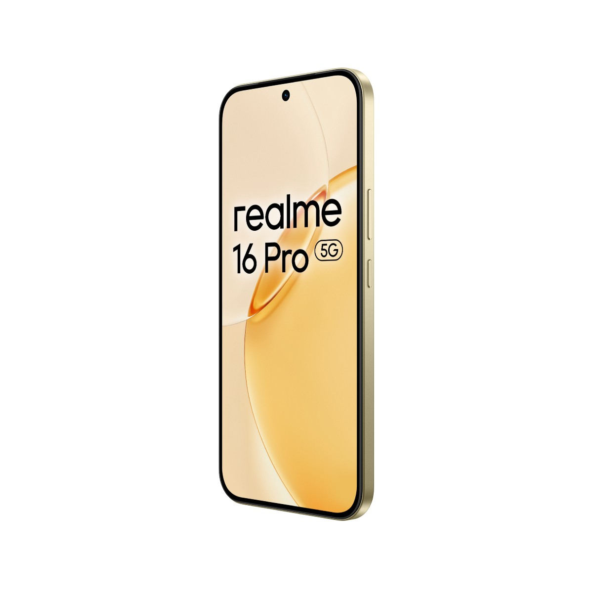 Ein goldenes Realme 16 Pro 5G Smartphone wird schräg vor weißem Hintergrund gezeigt.