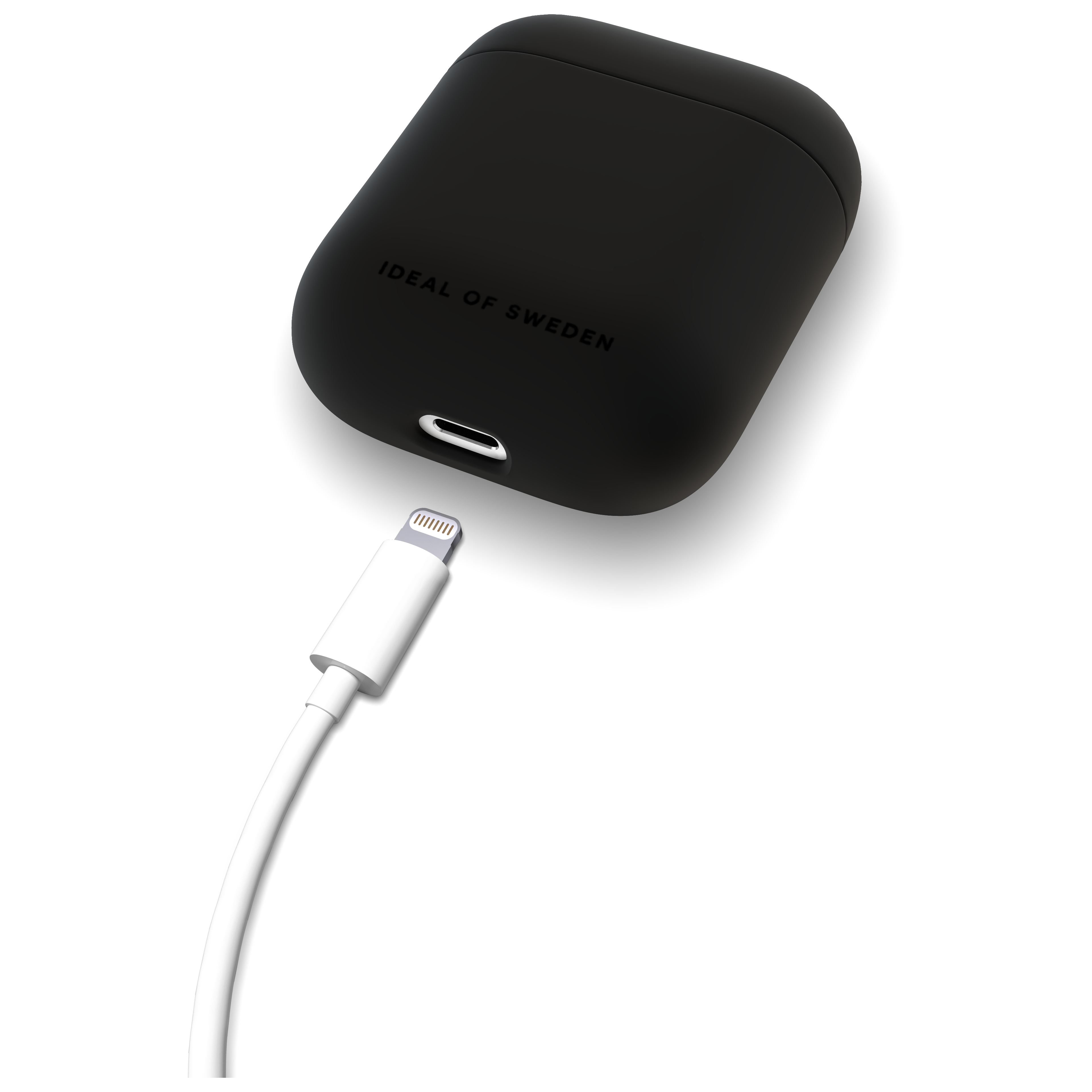 Schwarzes Ladeetui mit weißem Ladekabel auf weißem Hintergrund.