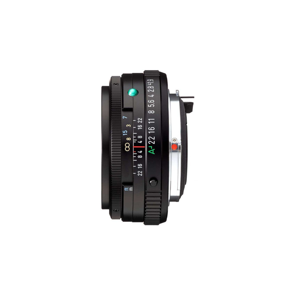 A black camera lens with visible aperture and distance scales.