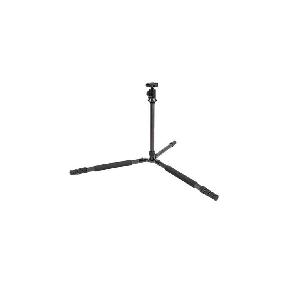A black carbon fiber tripod with three legs and a ball head, isolated on a white background.