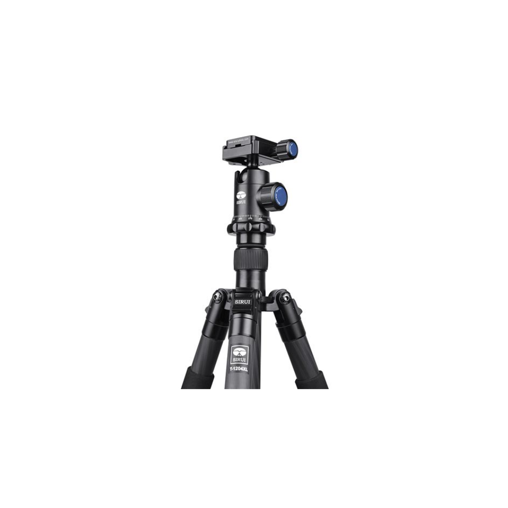 A black Sirui tripod with a ball head, standing on a white background.