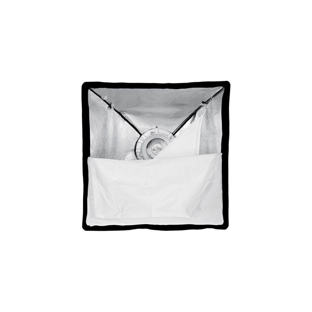 Ein Studio-Softbox-Blitzlicht von oben, mit silberner Innenfläche und weißem Diffusor.