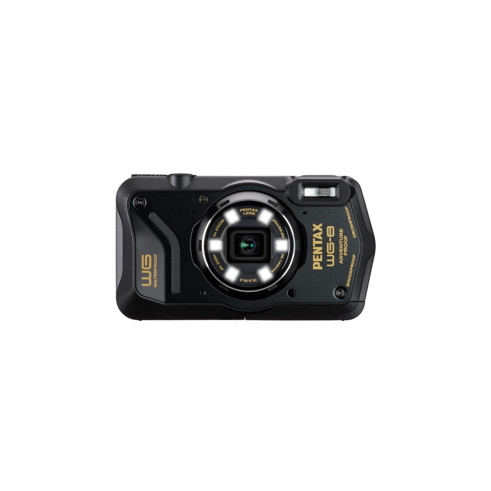 Schwarze Pentax WG-8 Digitalkamera mit 6x Zoomobjektiv, wasserdicht.