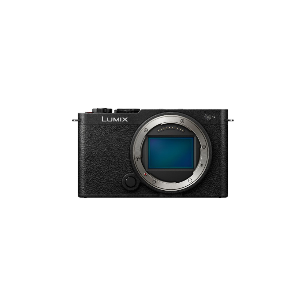 A black Lumix digital camera with a silver lens mount and blue sensor.