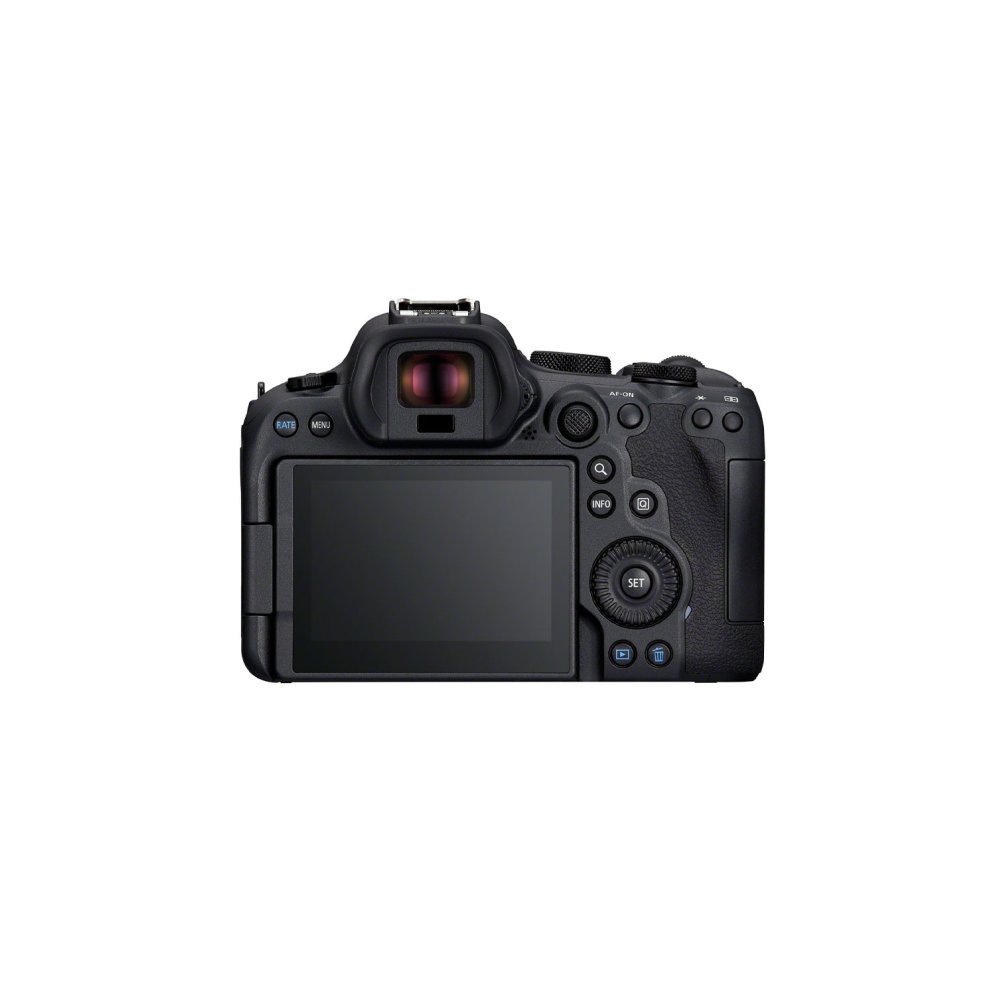 Rear view of a black digital camera with LCD screen and control buttons.
