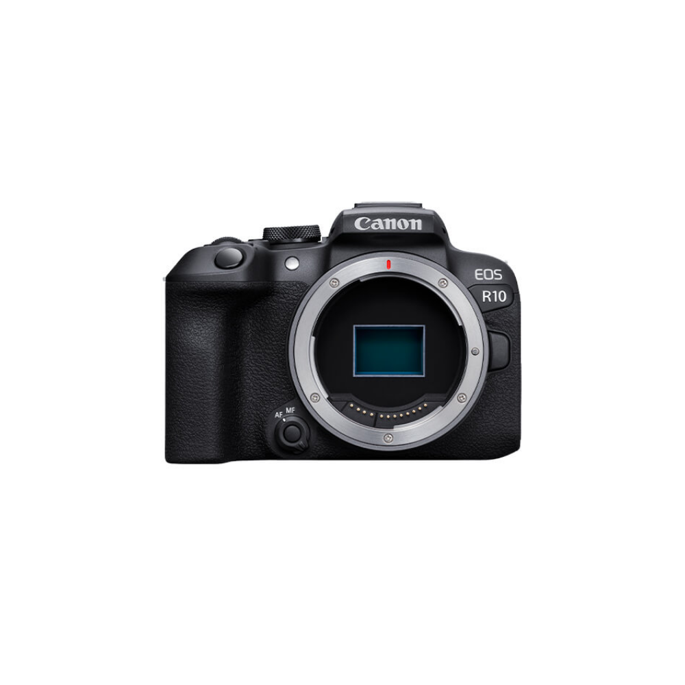 Black Canon EOS R10 camera with lens mount and sensor visible.