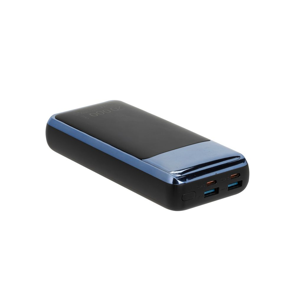 Czarny power bank z wyświetlaczem 20 000 mAh i portami USB.