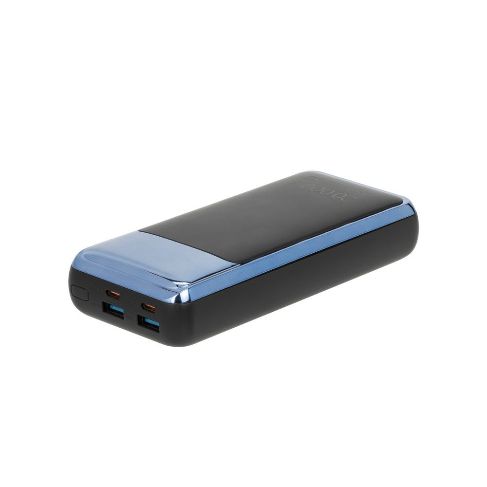 Czarny power bank z niebieskim paskiem i wskaźnikiem 20 000 mAh.