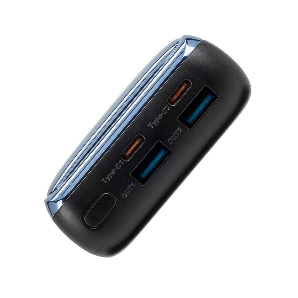 Czarny power bank z niebieskim wykończeniem. Porty: Type-C1, Out1, Type-C2, Out2.
