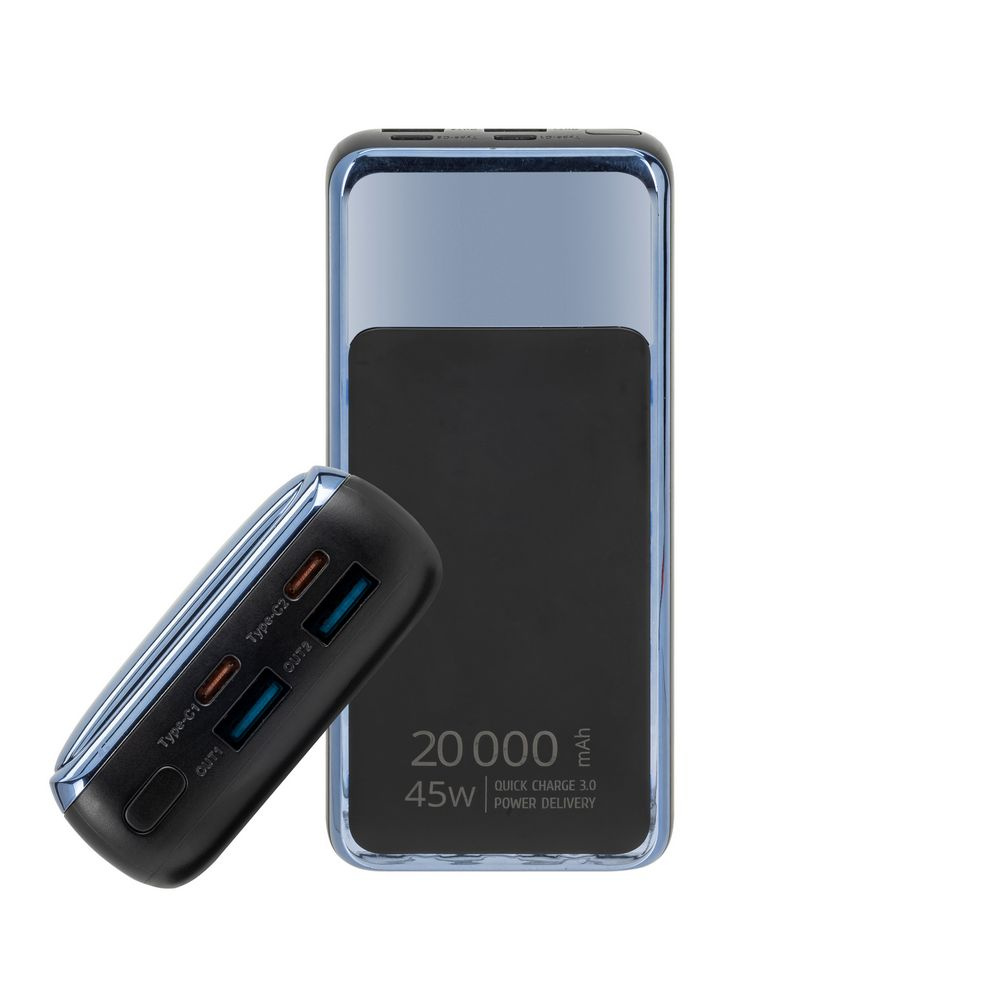 Czarny power bank o pojemności 20 000 mAh i mocy ładowania 45W.
