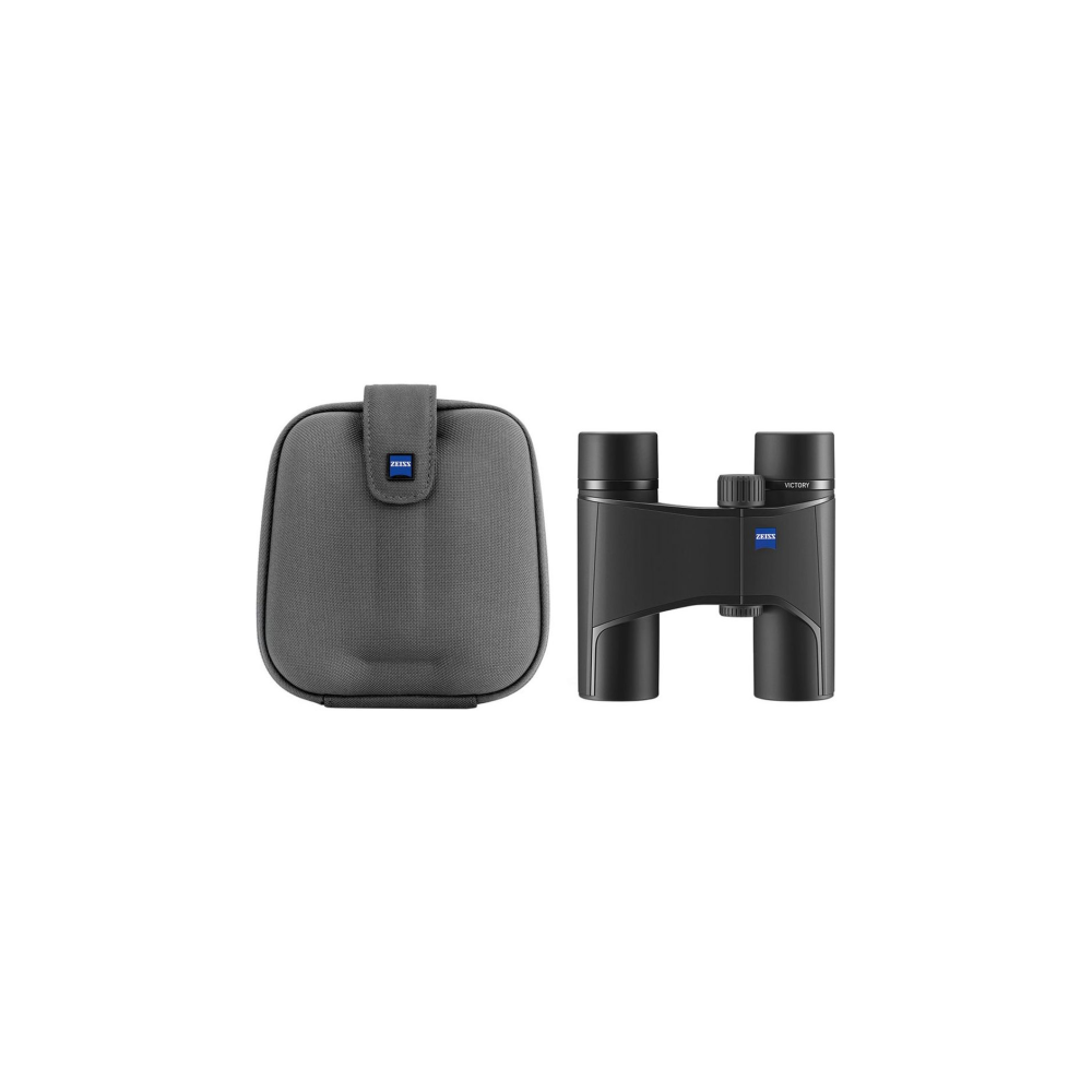 Black binoculars with a gray case, both featuring the Zeiss logo.