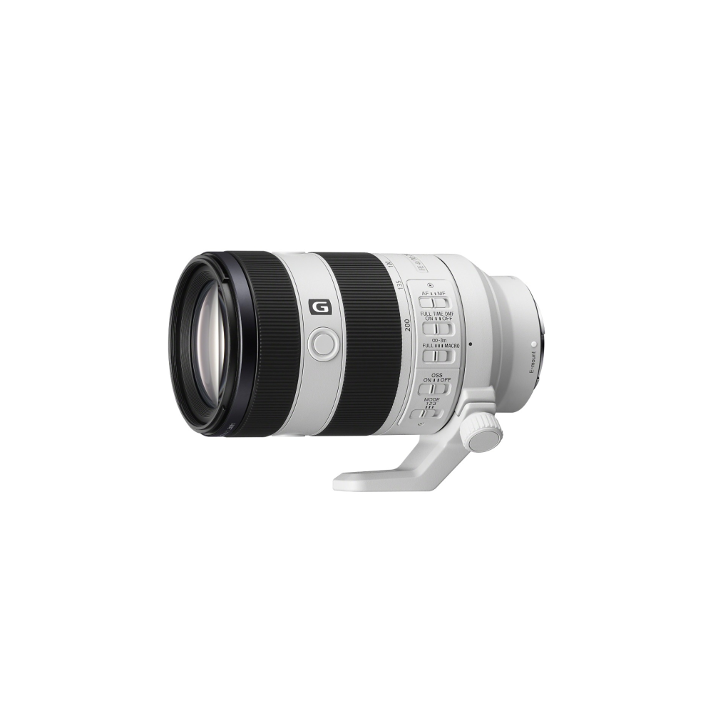 A white and black camera lens with a zoom ring and controls.