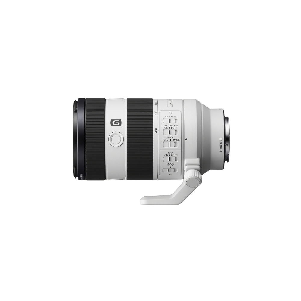 A white Sony G lens with a black focus ring and controls.