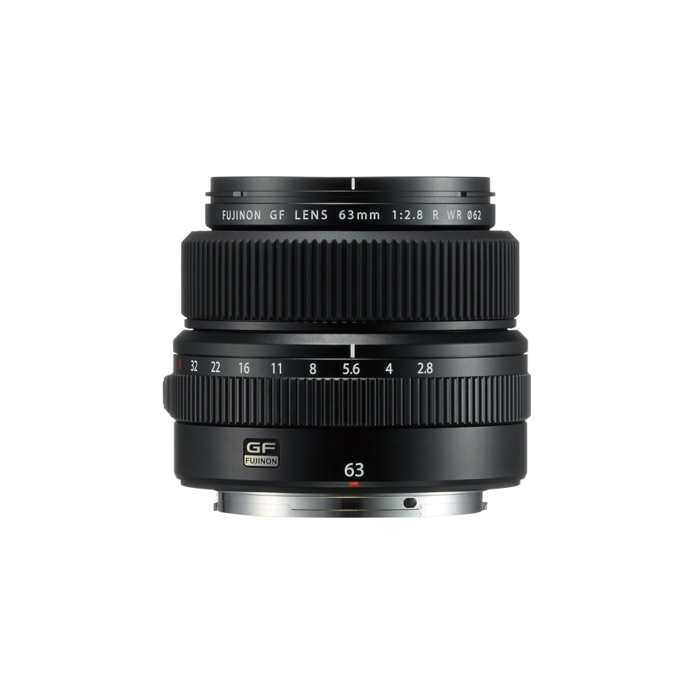 Schwarzes Fujinon GF 63mm F2.8 R WR Objektiv mit Fokus- und Blendenringen.