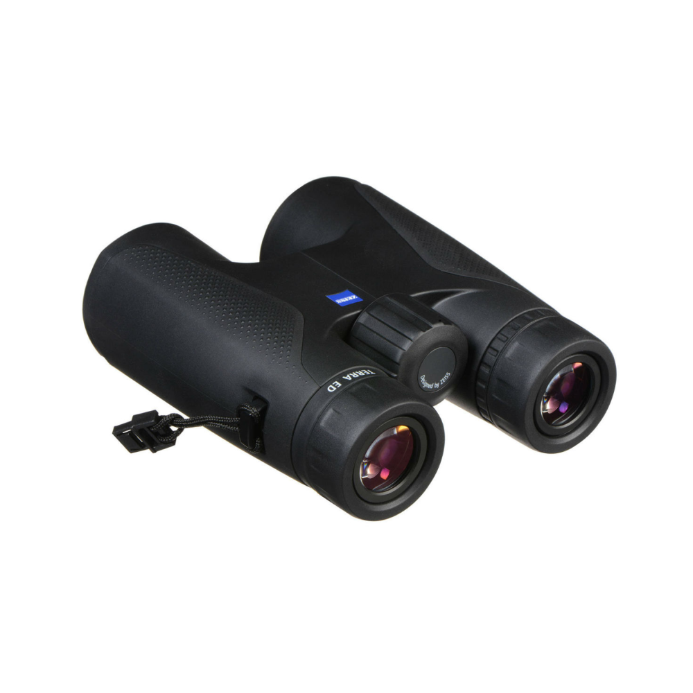 Black Zeiss binoculars with a lanyard and focus wheel.