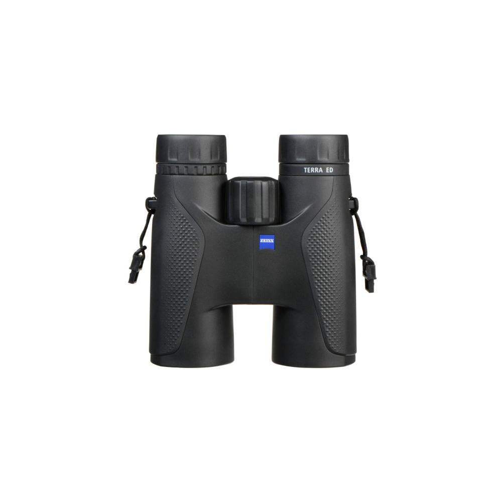Black binoculars with focus wheel and Zeiss logo, on a white background.
