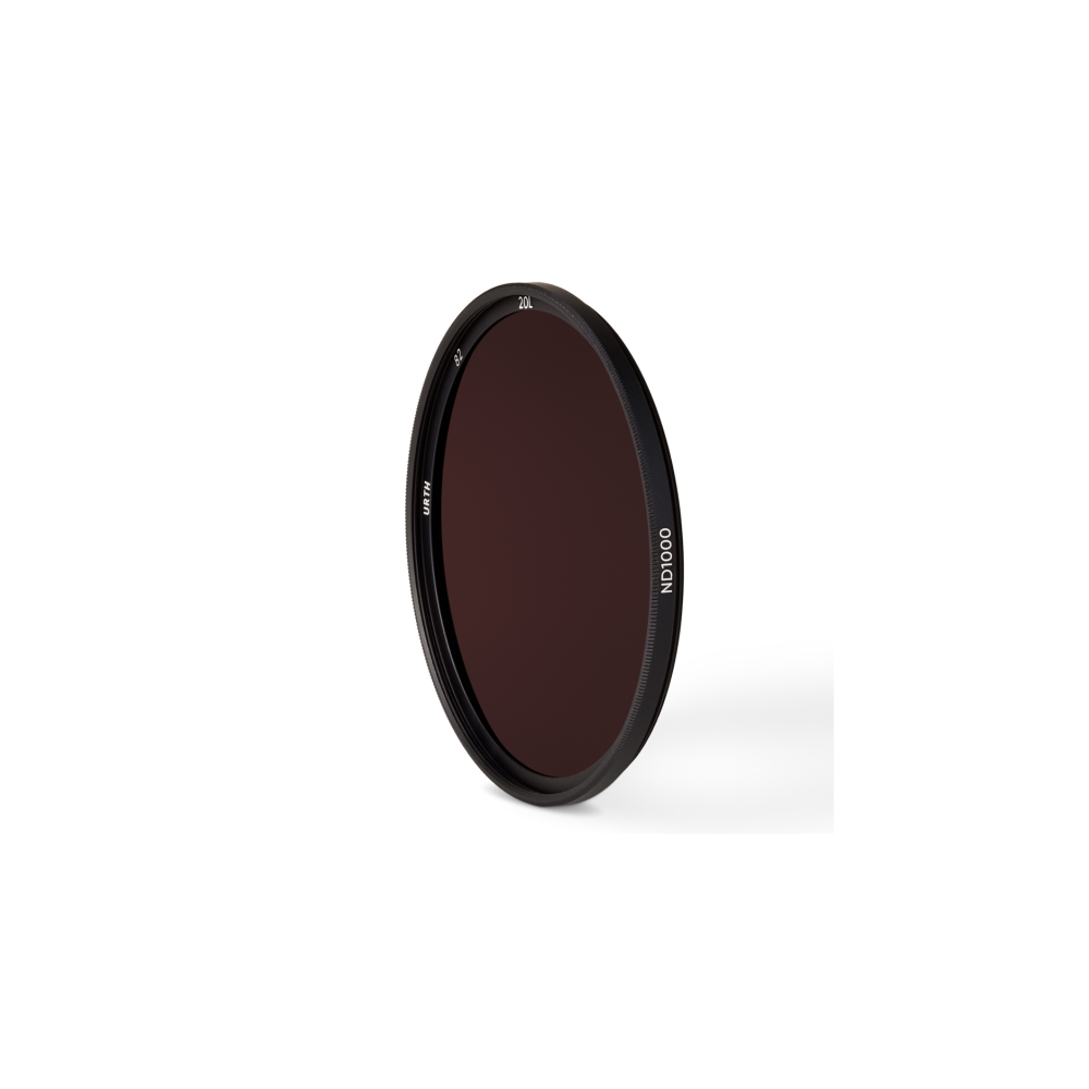 Een donker rond cameralensfilter met opschrift ND1000.
