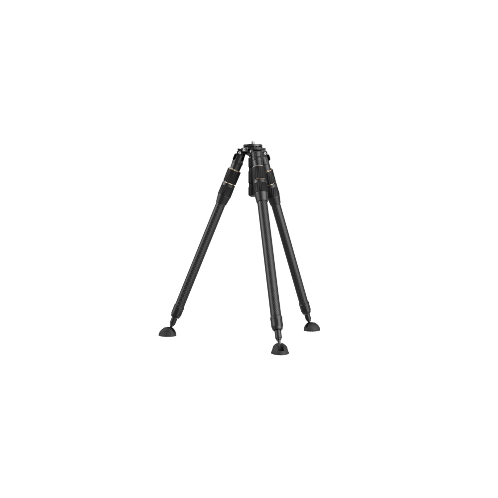 A black carbon tripod with three extended legs and rubber feet.