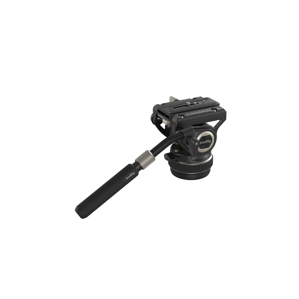 A black camera head with a handle and quick-release plate on a white background.