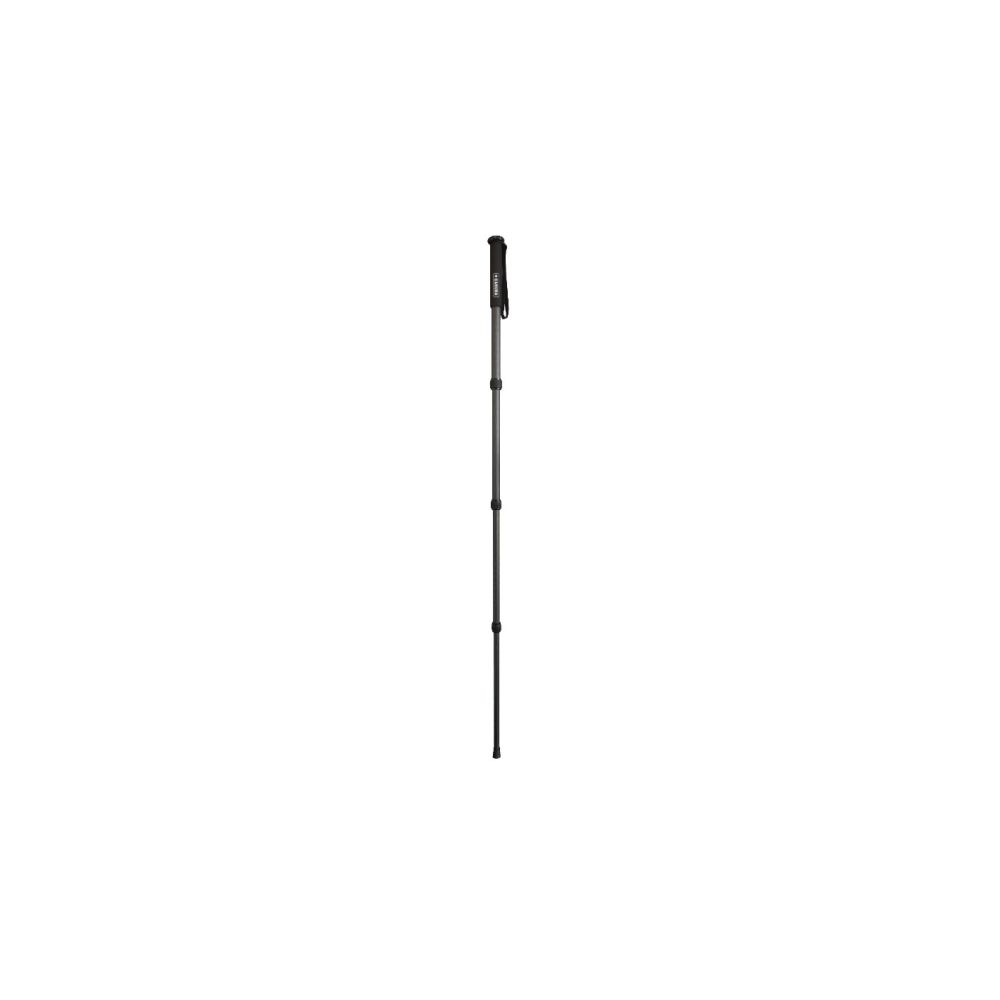 A gray adjustable trekking pole with a black handle and strap, on a white background.