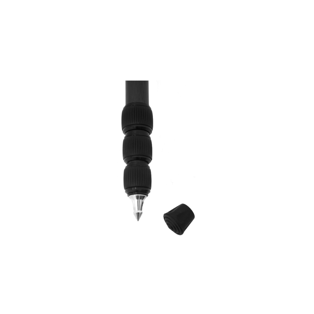 A metal spiked foot and a black cap next to a black tripod leg.