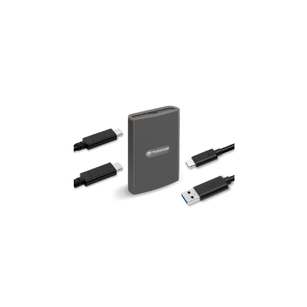 Graue Transcend Festplatte mit USB-C und USB-A Kabeln auf weißem Hintergrund.