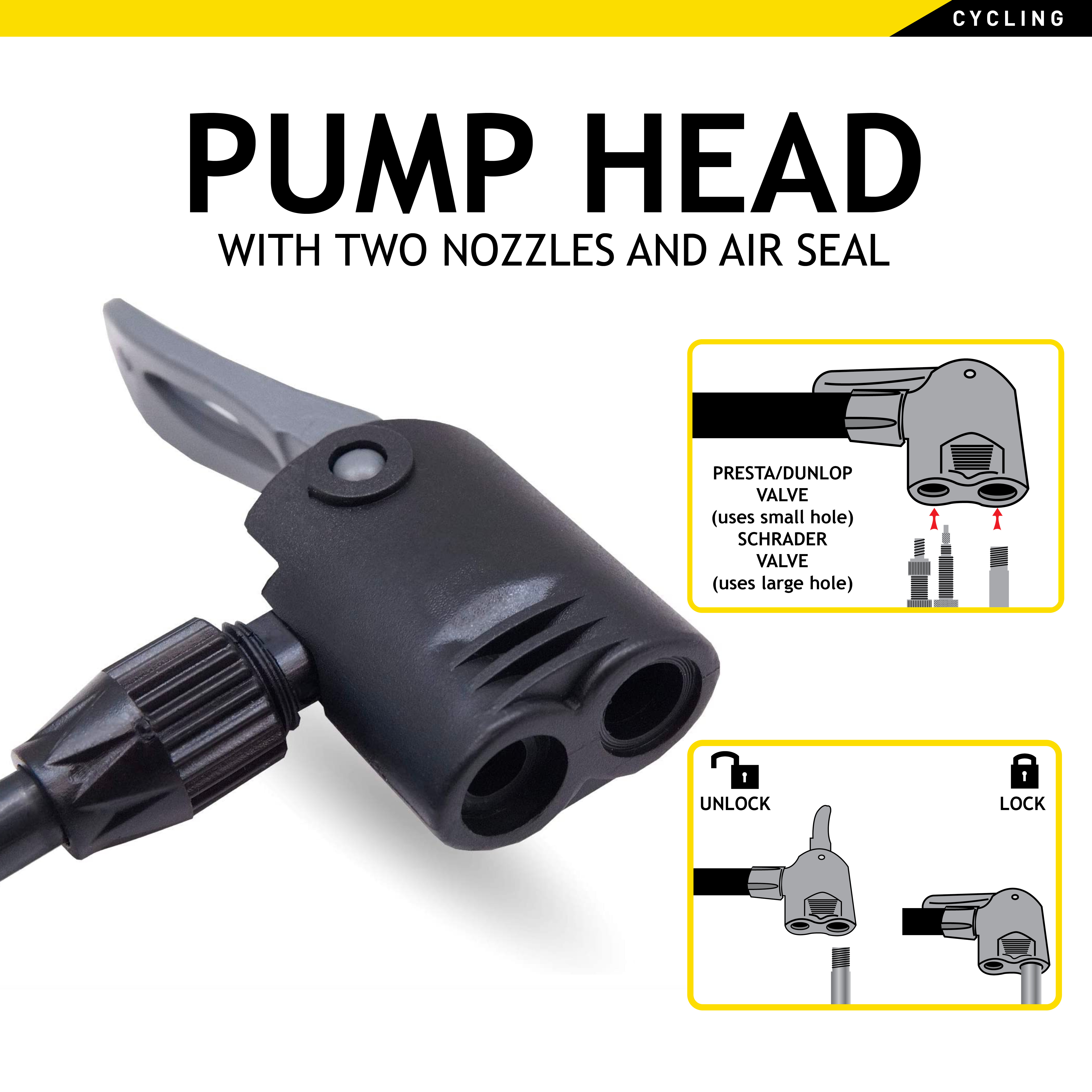 A black pump head with two nozzles and a grey lever, shown with diagrams.