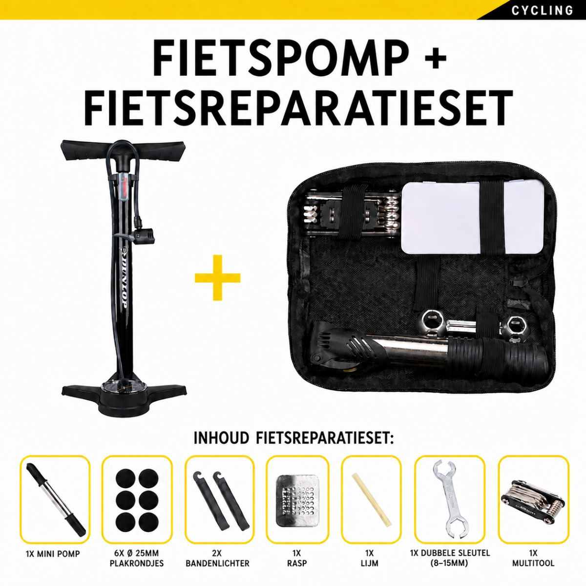 A bicycle pump and repair kit featuring a mini pump, patches, tire levers, rasp, glue, wrench, and multitool.