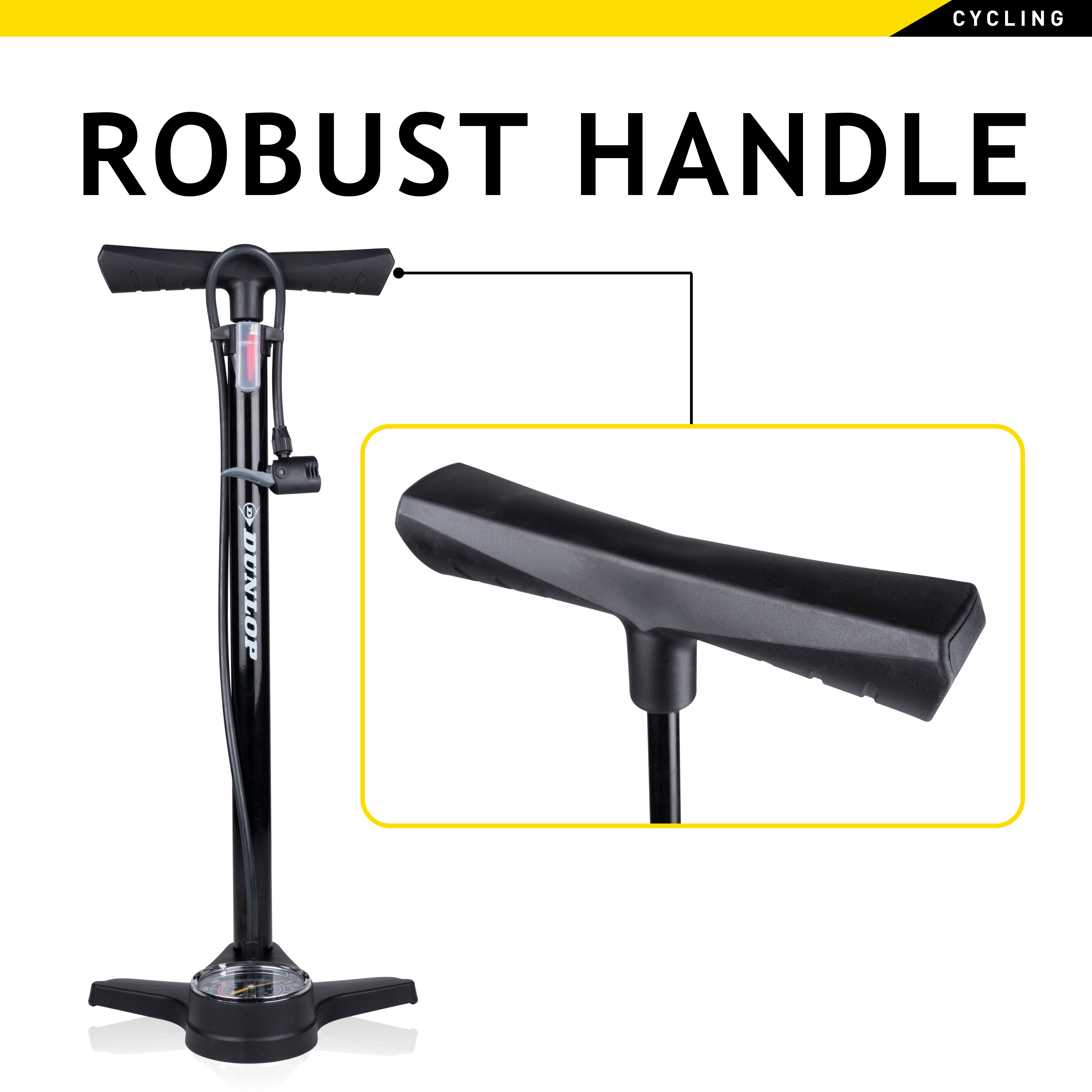 Black bicycle pump with wide handle and pressure gauge.