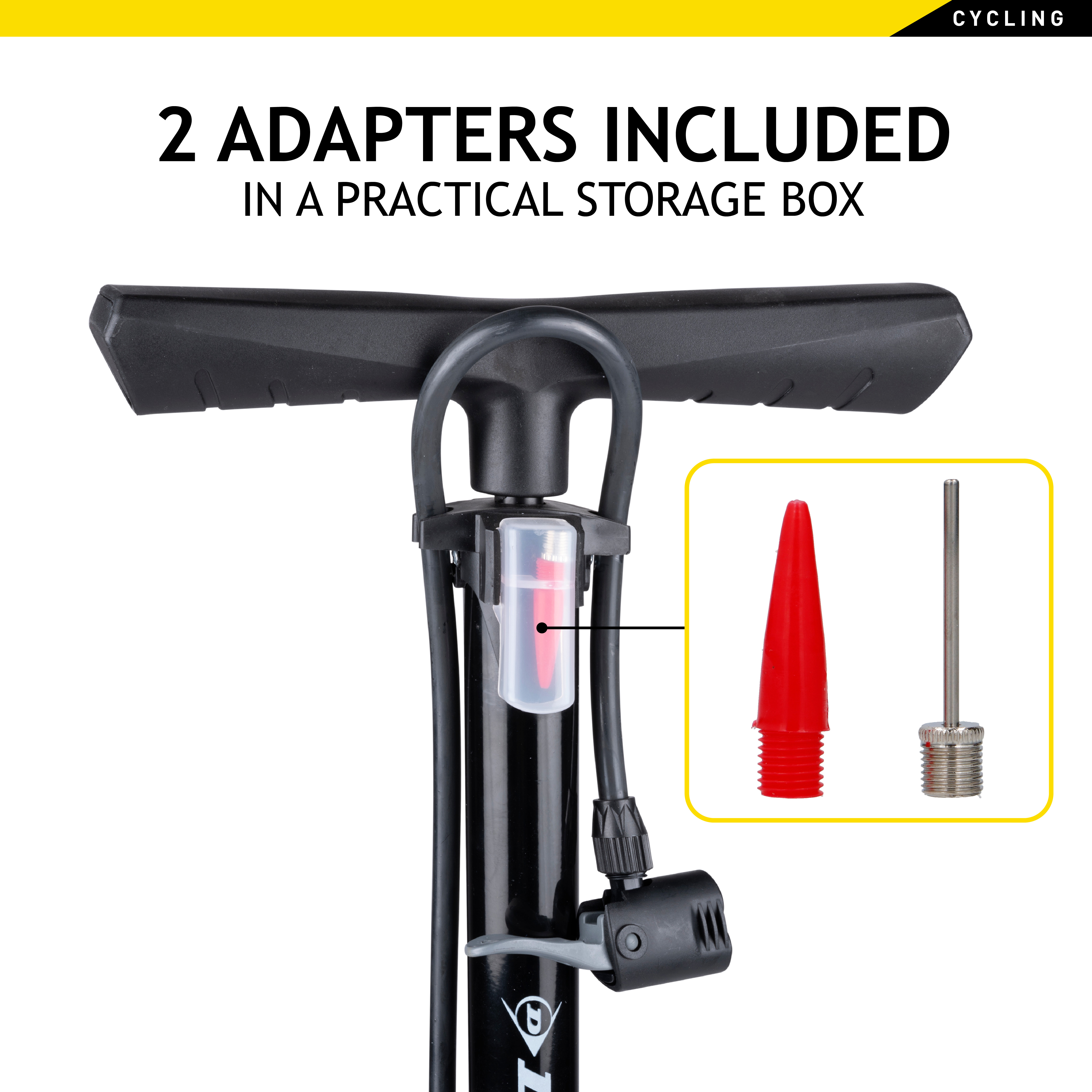 Black bicycle pump with two adapters in a clear storage box.