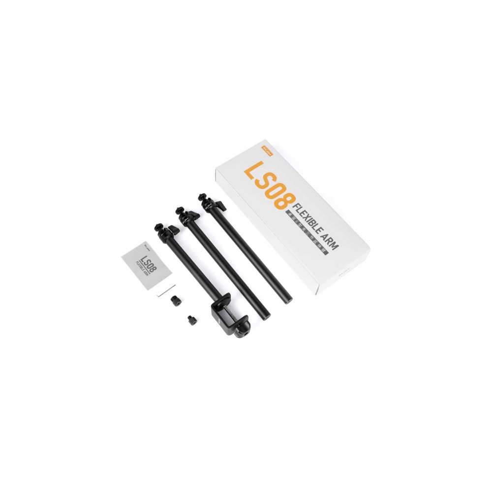 Zwarte flexibele armen met klem, handleiding en doos met opschrift LS08 FLEXIBLE ARM.