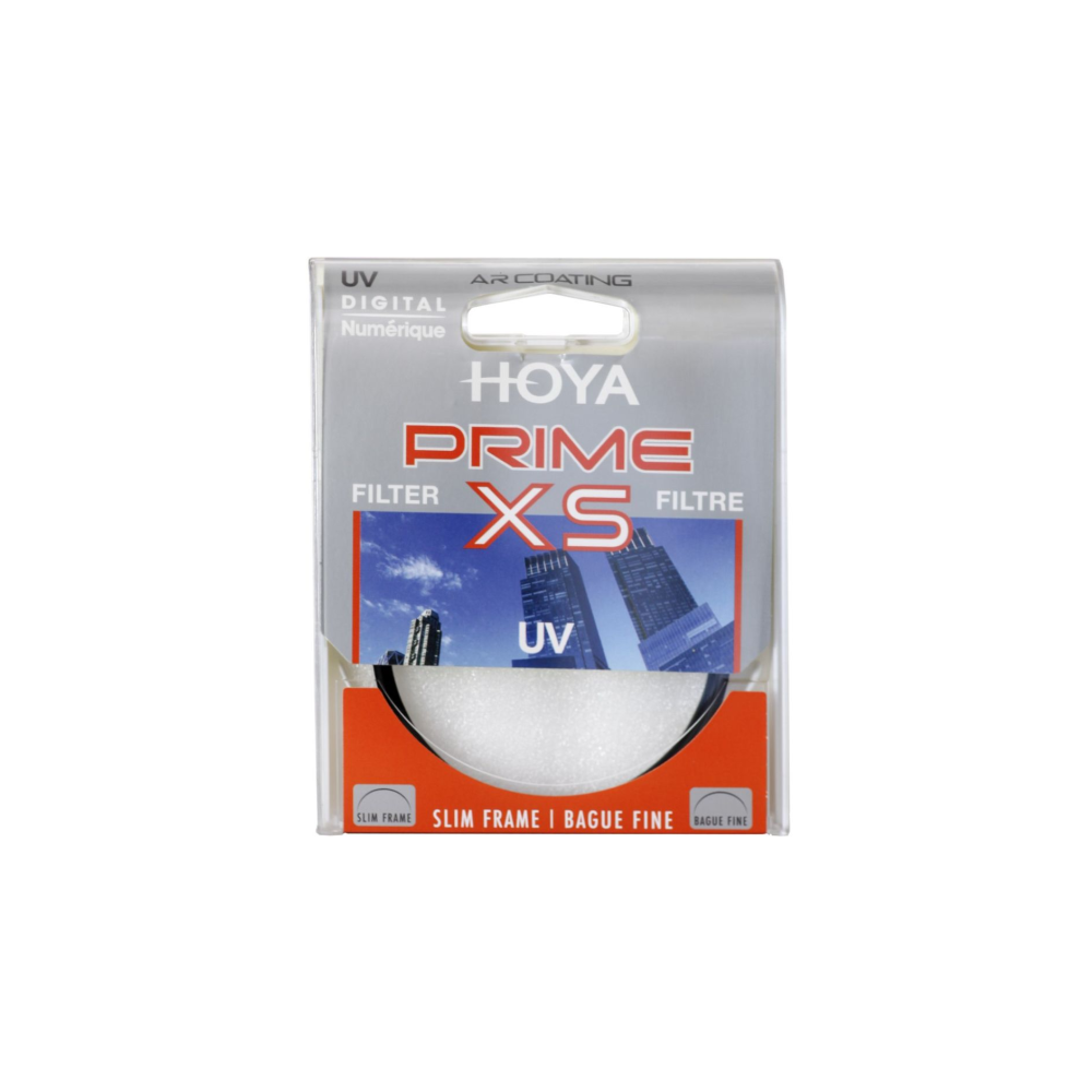 HOYA PRIME XS UV-filter in verpakking met stadsgezicht.