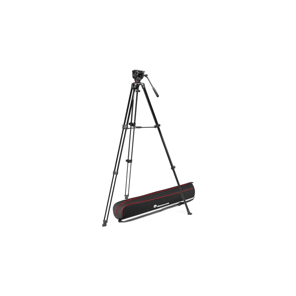A black Manfrotto tripod with a camera mount and a black carrying case with red accents.