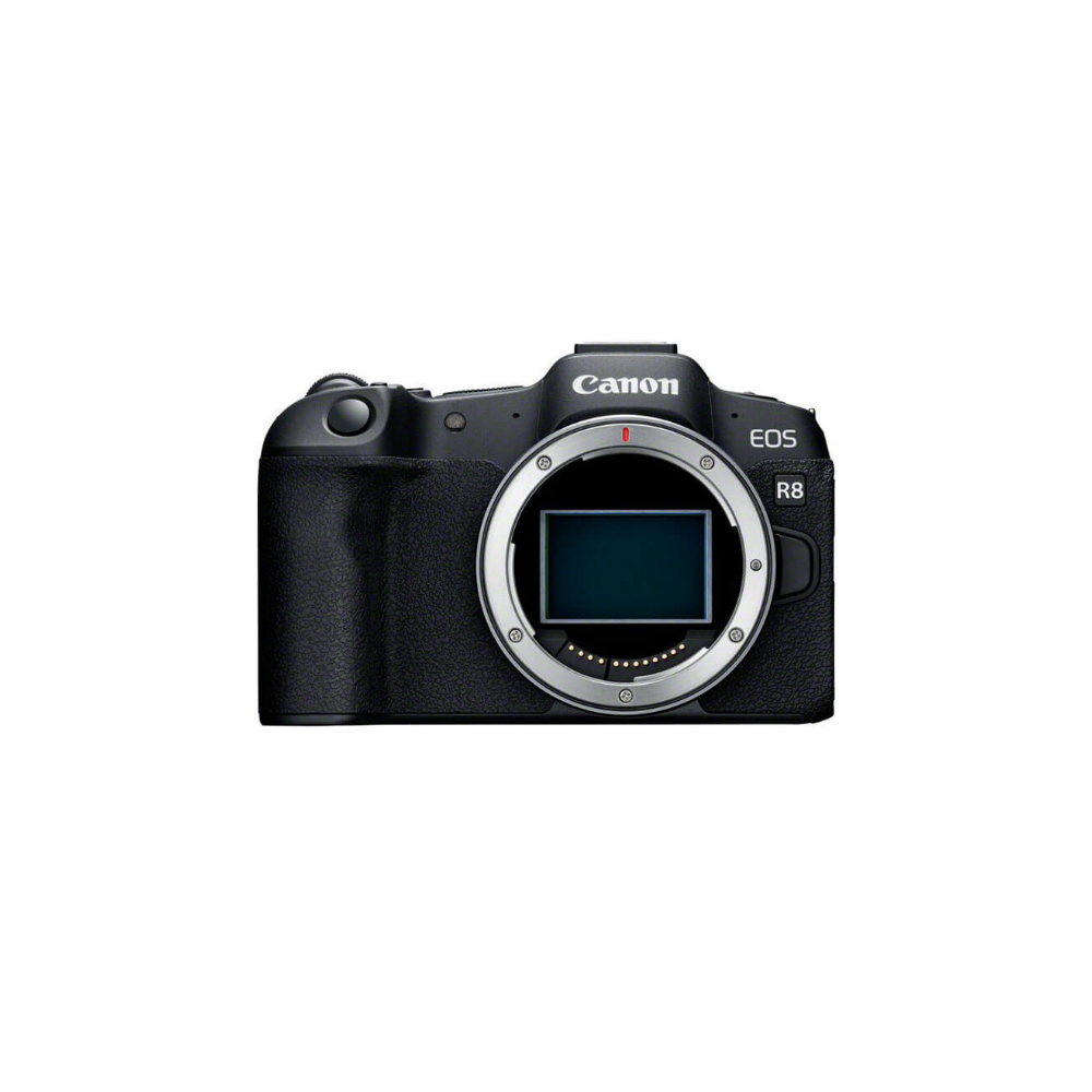 Black Canon EOS R8 camera with lens mount and Canon logo.