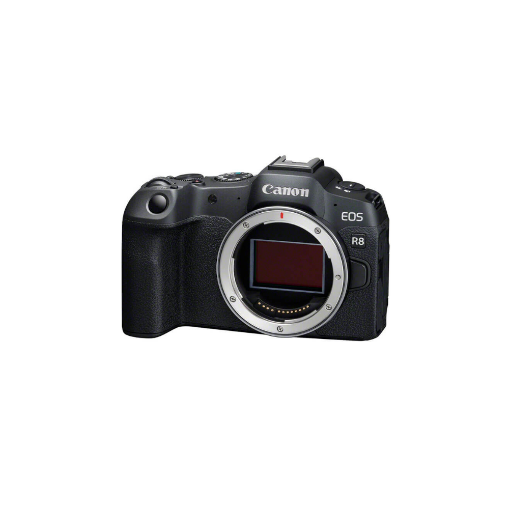 Black Canon EOS R8 camera with lens mount.