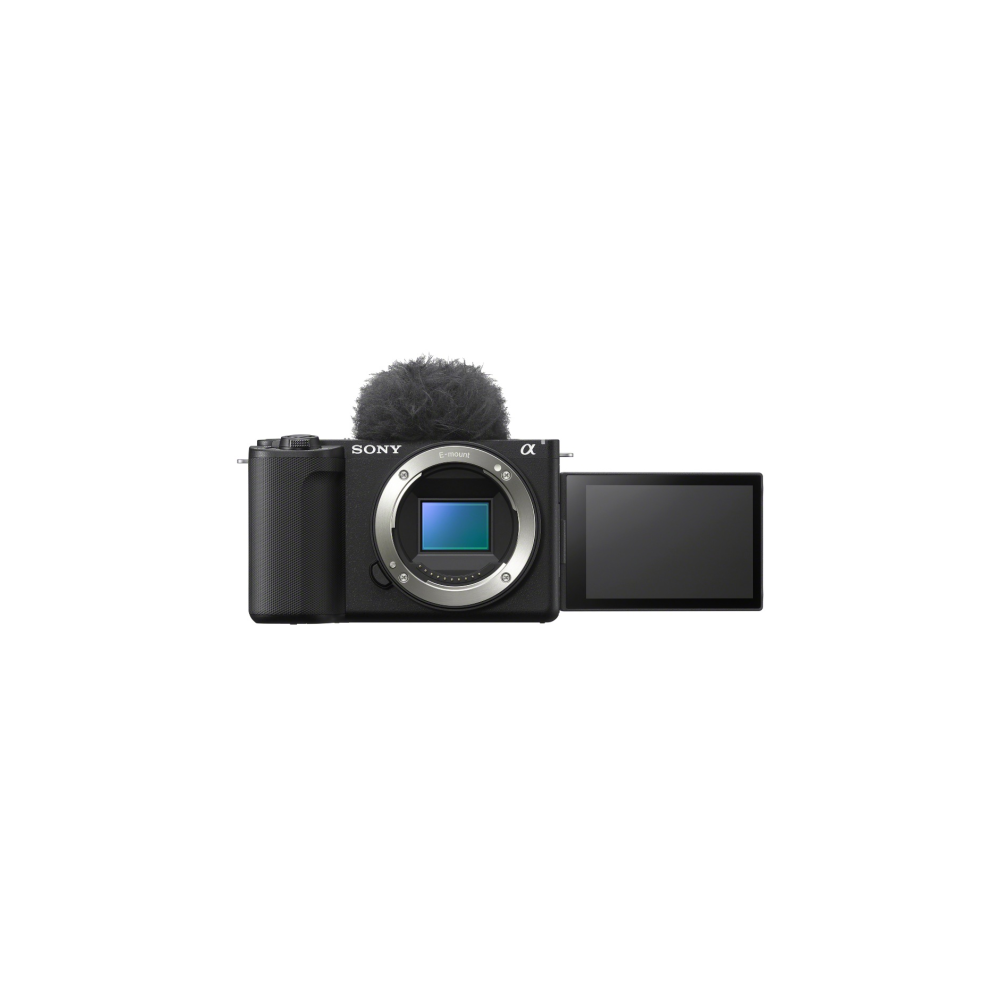 Una fotocamera Sony nera con microfono e schermo esteso.